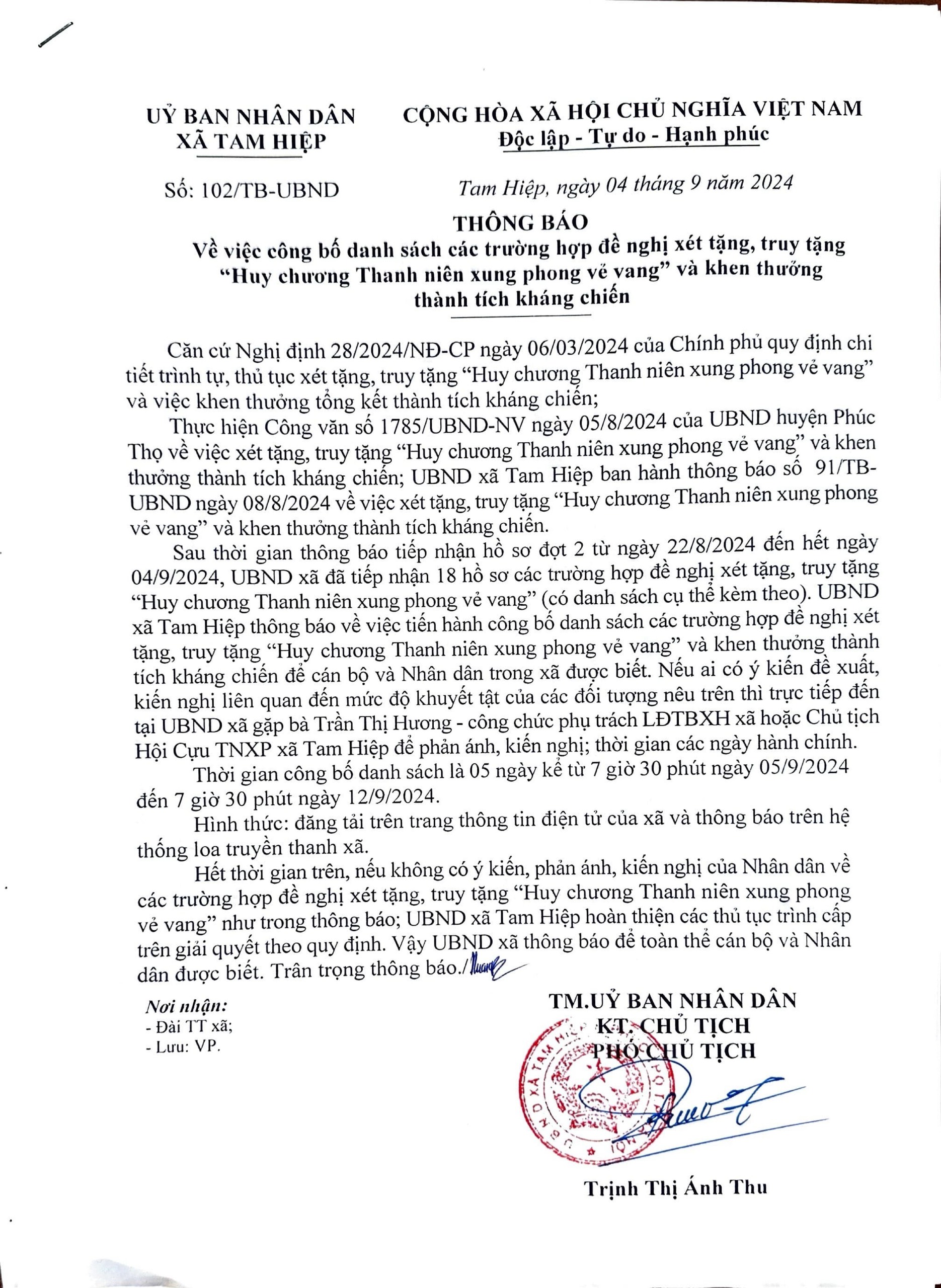 Thông báo về việc công bố danh sách các trường hợp đề nghị xét tặng, truy tặng danh hiệu 